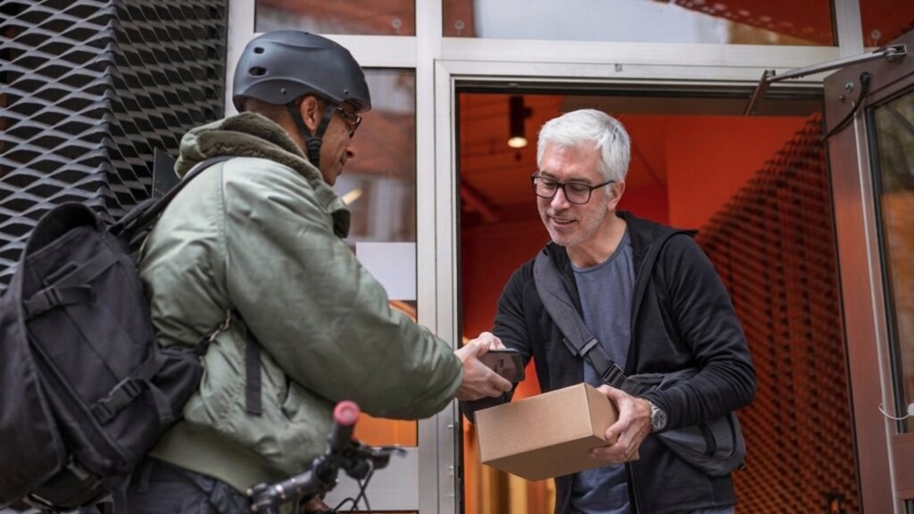 Bud med cykelhjälm lämnar ett paket till en man i dörren.