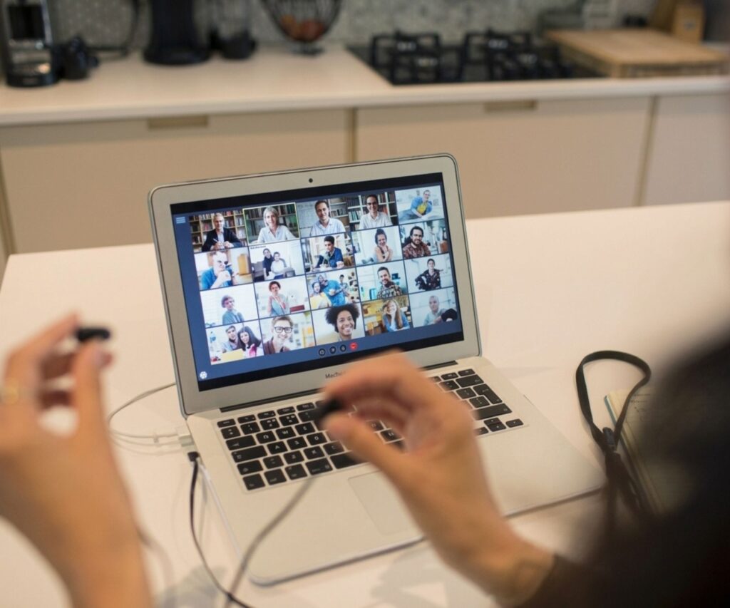 Person framför ett videomöte på en bärbar dator.