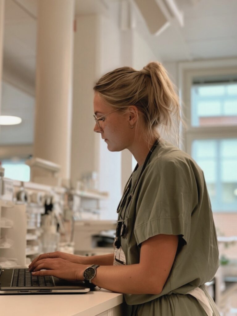 Läkare i gröna arbetskläder skriver på datorn i ett ljust rum.
